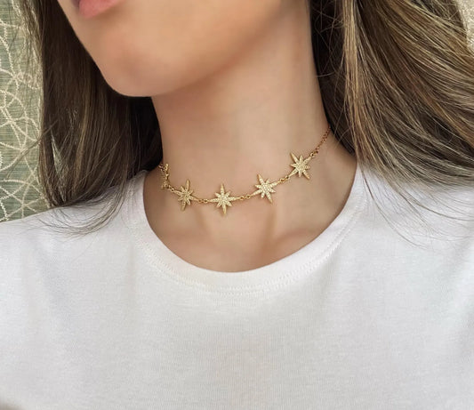 Choker North Star - Stella Polare - Collarino Stelle con Cristalli Cubic Zirconia - Ottone Placcato Oro