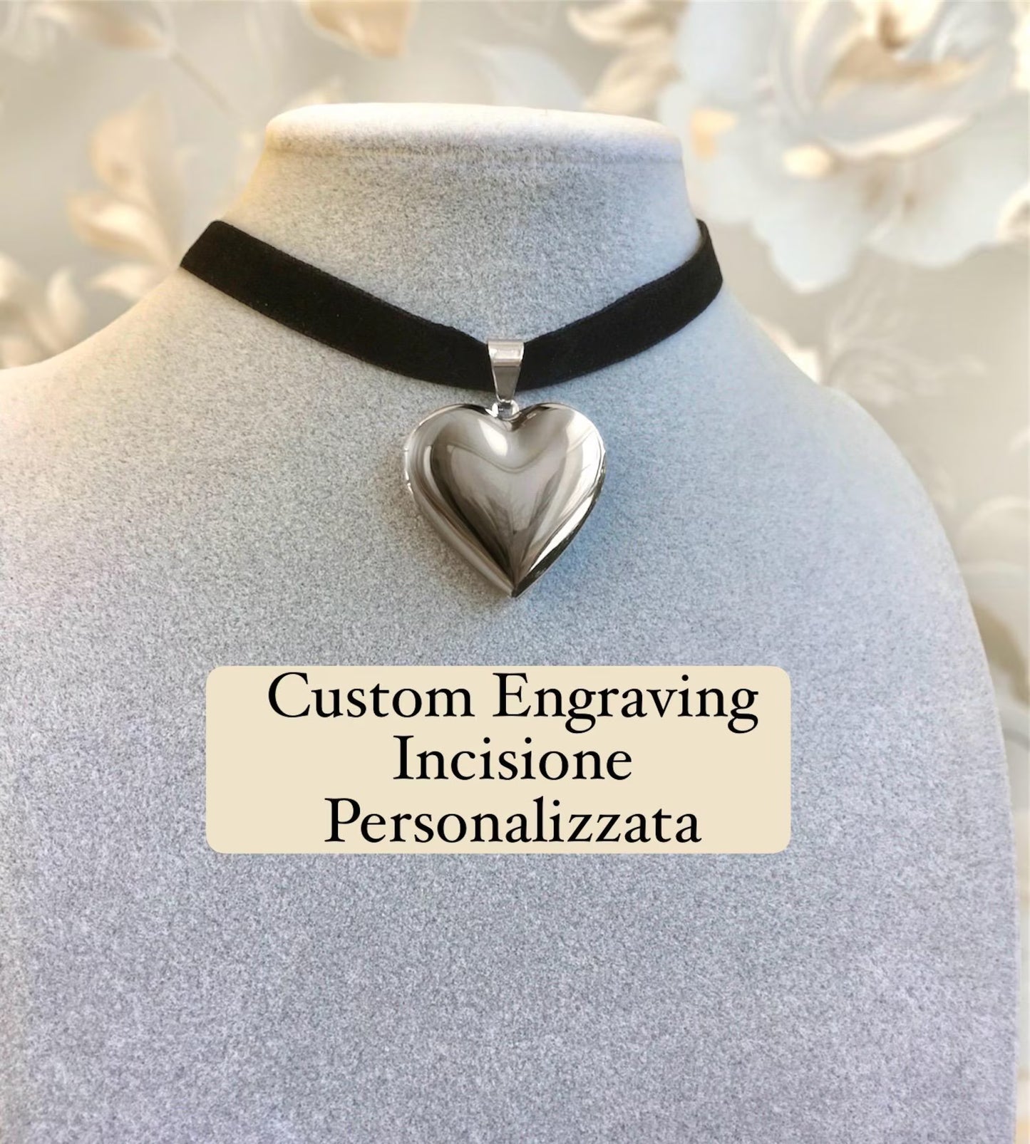 Collana Collarino Velluto Medaglione Cuore - Ciondolo Portafoto Locket Choker - Acciaio Inossidabile - Incisione Personalizzata