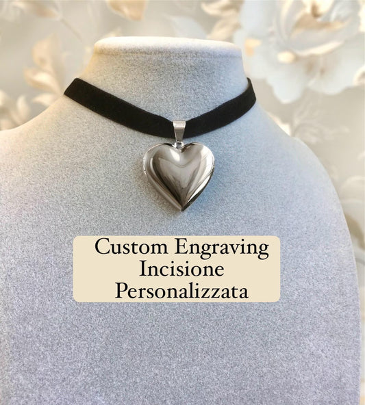 Collana Collarino Velluto Medaglione Cuore - Ciondolo Portafoto Locket Choker - Acciaio Inossidabile - Incisione Personalizzata