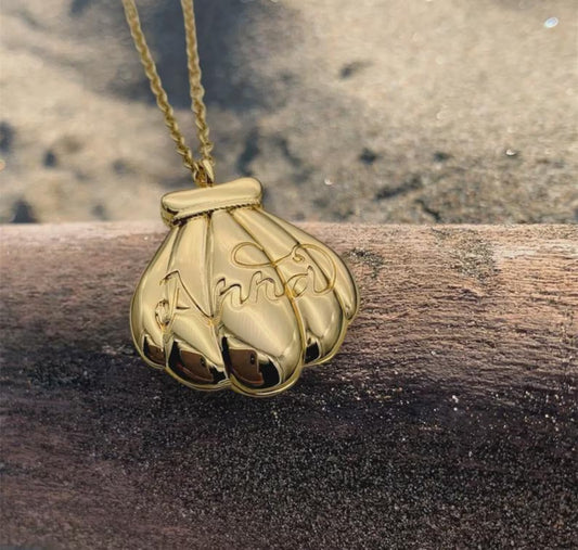 Collana Nome "Anna" Ciondolo Conchiglia Sirena Locket Apribile Medaglione Placcato Oro 20k
