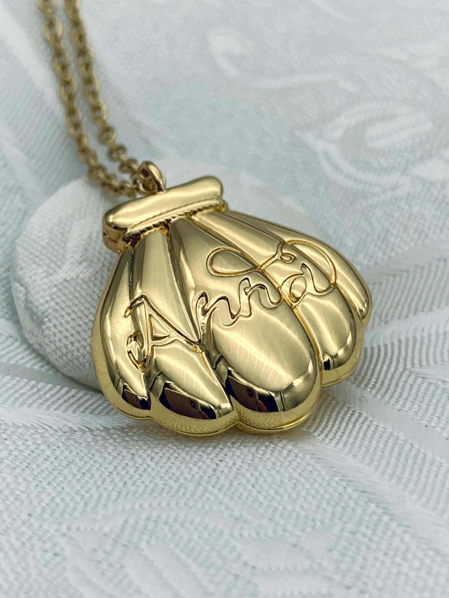 Collana Nome "Anna" Ciondolo Conchiglia Sirena Locket Apribile Medaglione Placcato Oro 20k